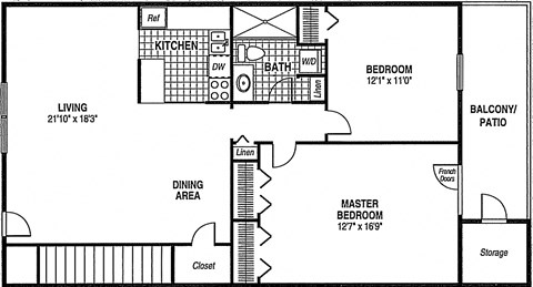 Floor plan for 2 beds, 1 bath, 1010 sqft